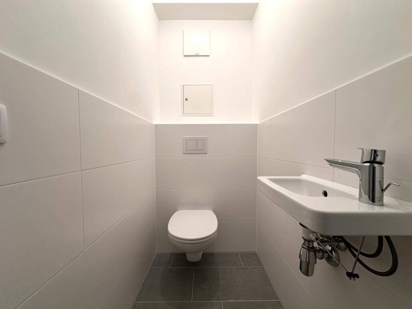 Separates Gäste-WC mit wandhängender Toilette und kleinem Waschbecken.