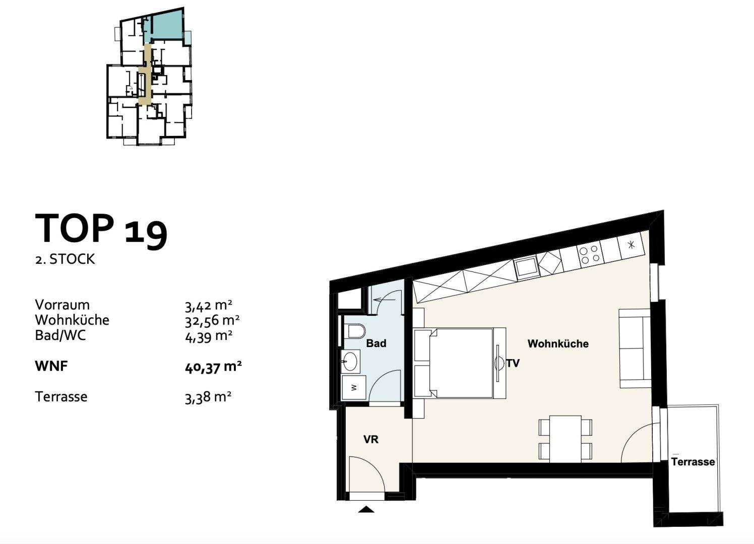 Grundriss einer Wohnung mit Wohnküche, Bad und Terrasse im zweiten Stock.