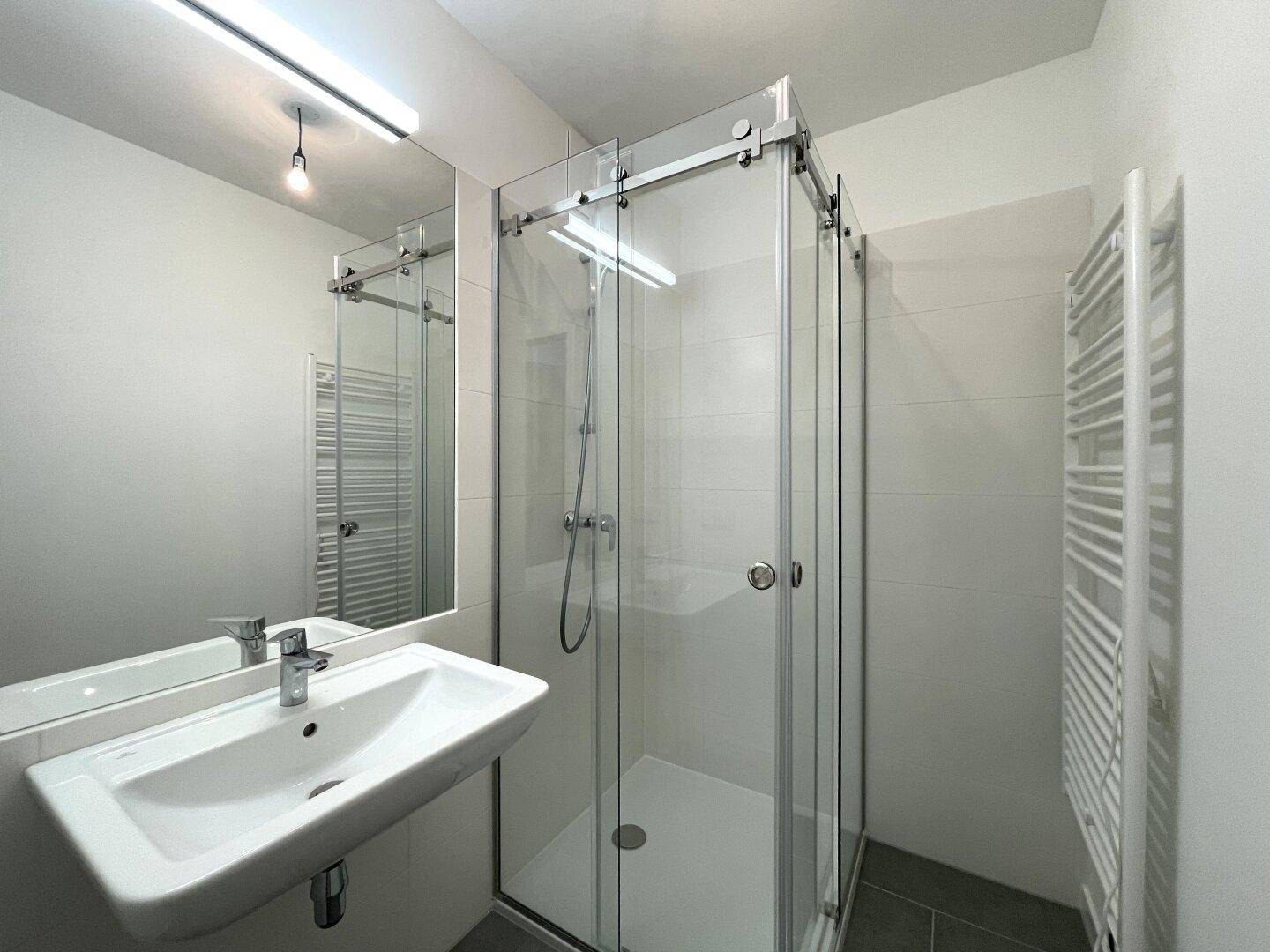 Helles Badezimmer mit moderner Duschkabine, Waschbecken und praktischem Handtuchheizkörper.
