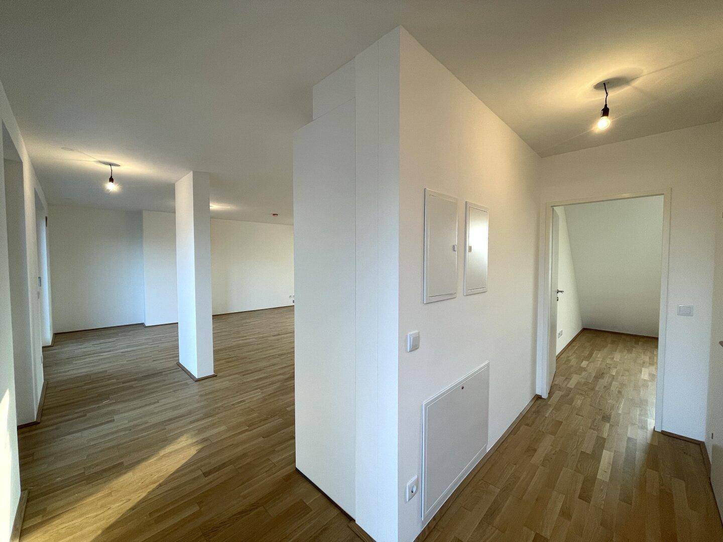 Heller Eingangsbereich mit Holzboden und Zugang zu weiteren Räumen, modern und einladend.