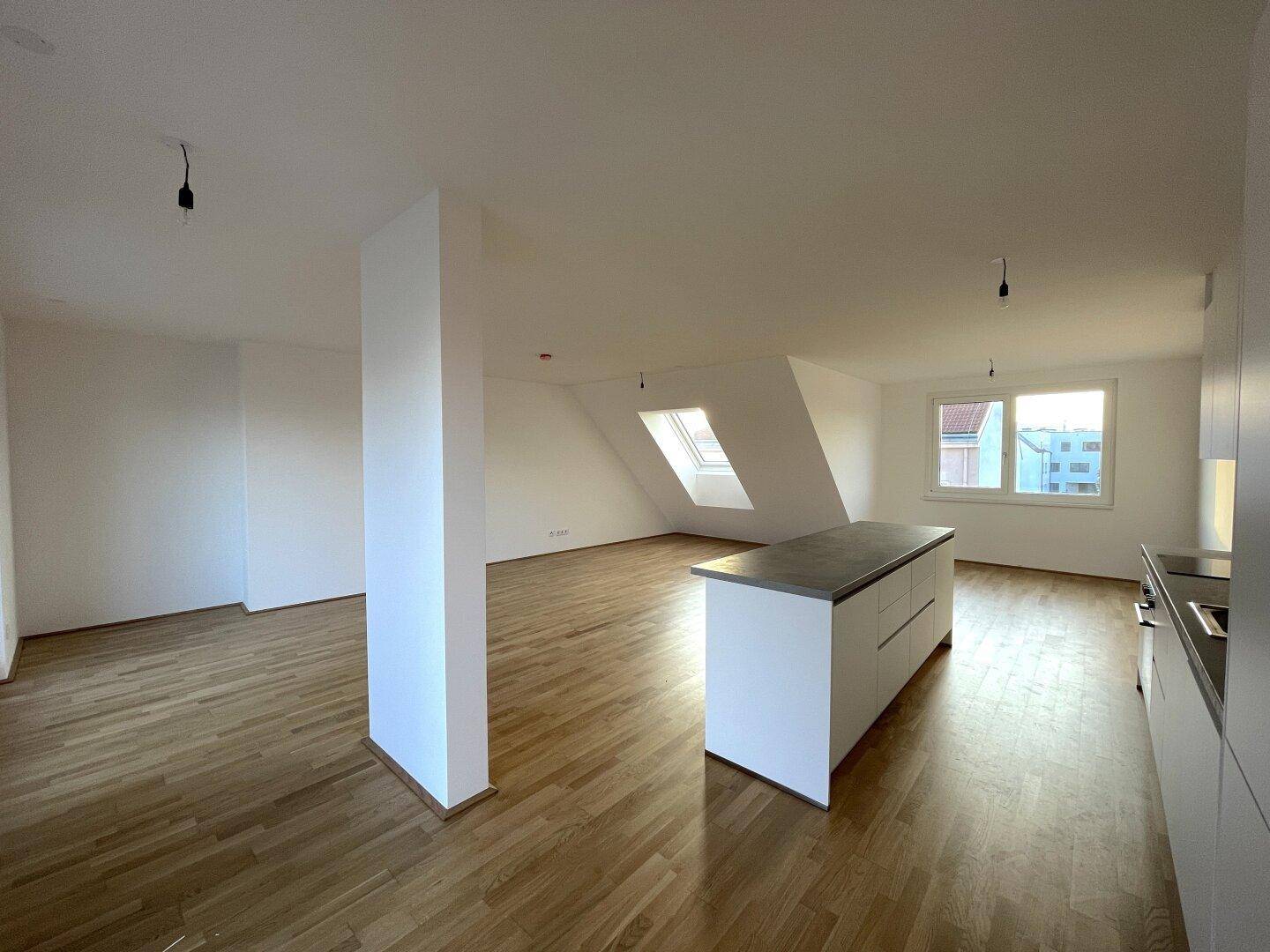Offener Wohn- und Essbereich mit integrierter Küche, Holzboden und viel Tageslicht durch Dachfenster.
