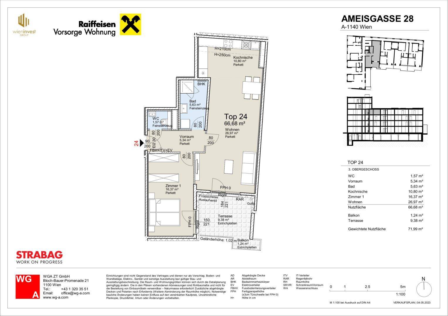 Detaillierter Grundriss der Wohnung Top 24 mit 66,68 m² Wohnfläche und Terrasse.