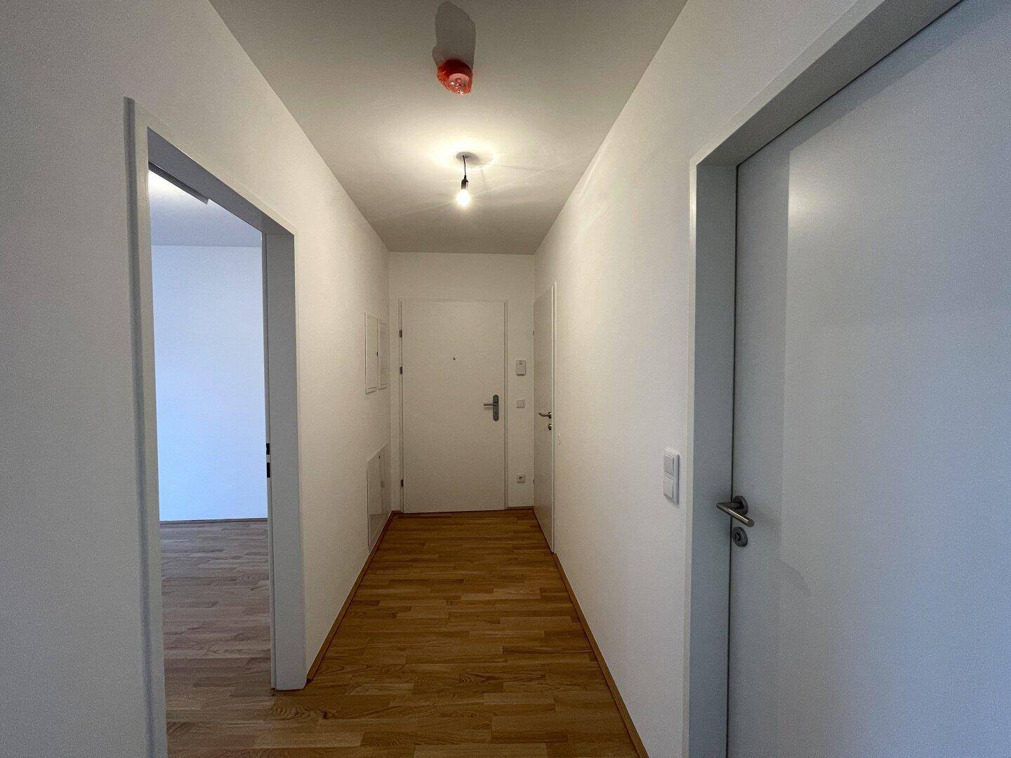 Heller Flur mit Parkettboden und mehreren Türen zu den angrenzenden Räumen.