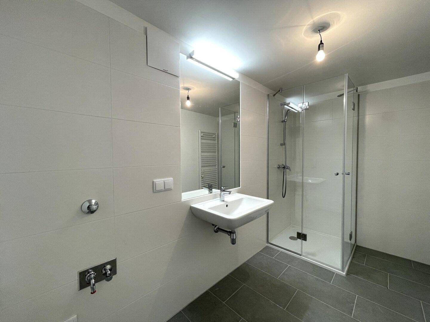 Zeitgemäßes Badezimmer mit Duschkabine, Waschbecken und großen Wandfliesen.