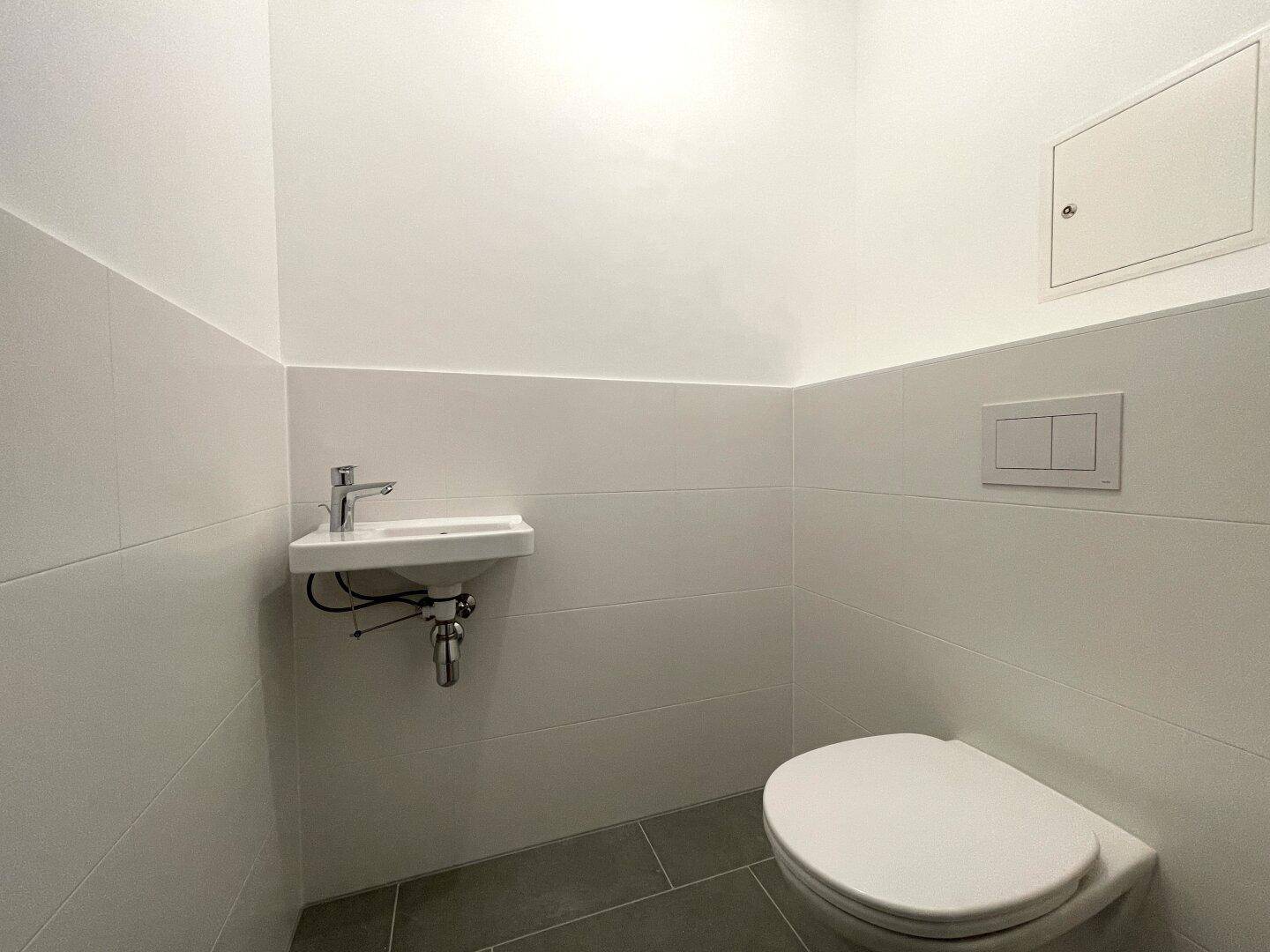 Separates WC mit wandhängender Toilette und kleinem Handwaschbecken.