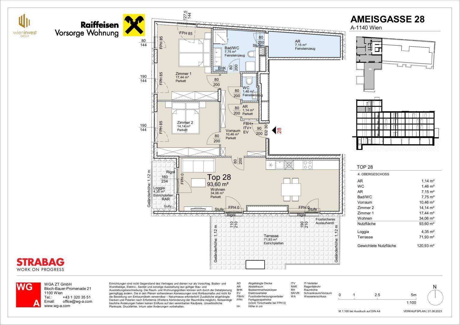 Detaillierter Grundriss einer Wohnung mit drei Zimmern, Loggia und großer Terrasse.