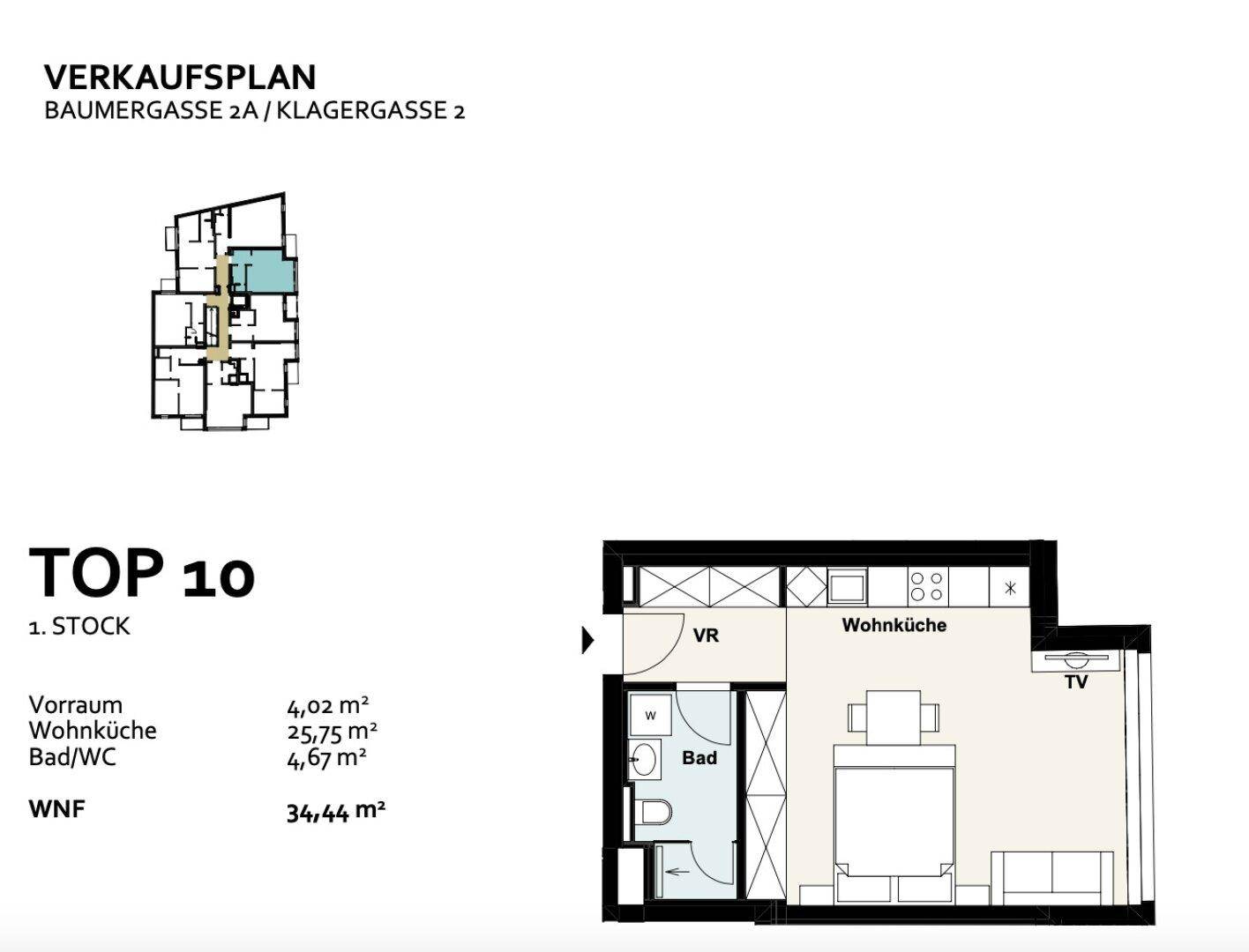 Grundriss für eine kleine Wohnung mit Wohnküche, Schlafbereich und separatem Bad.