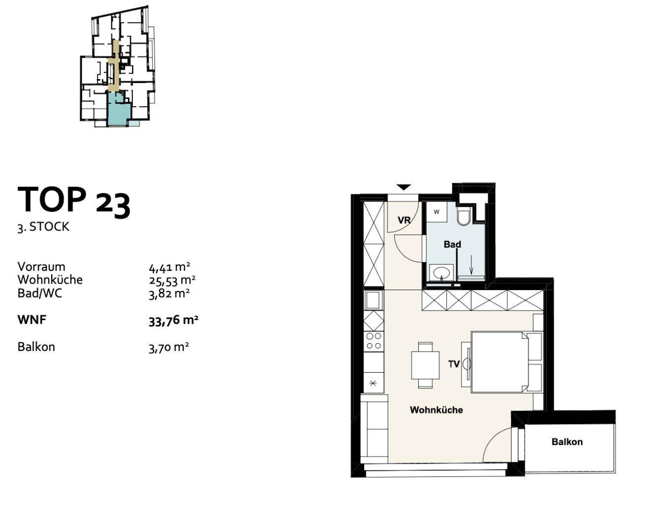 Grundriss der Wohnung Top 23 im dritten Stock mit Wohnküche, Bad und Balkon.