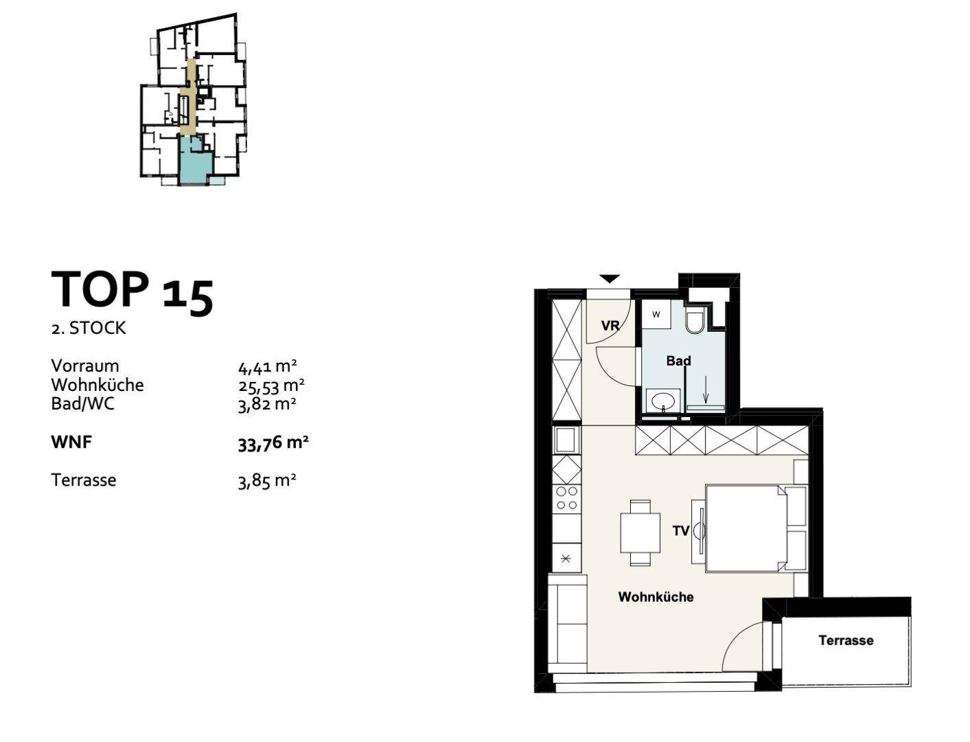 Grundriss der Wohnung TOP 15 im 2. Stock mit Wohnküche, Bad und Terrasse.