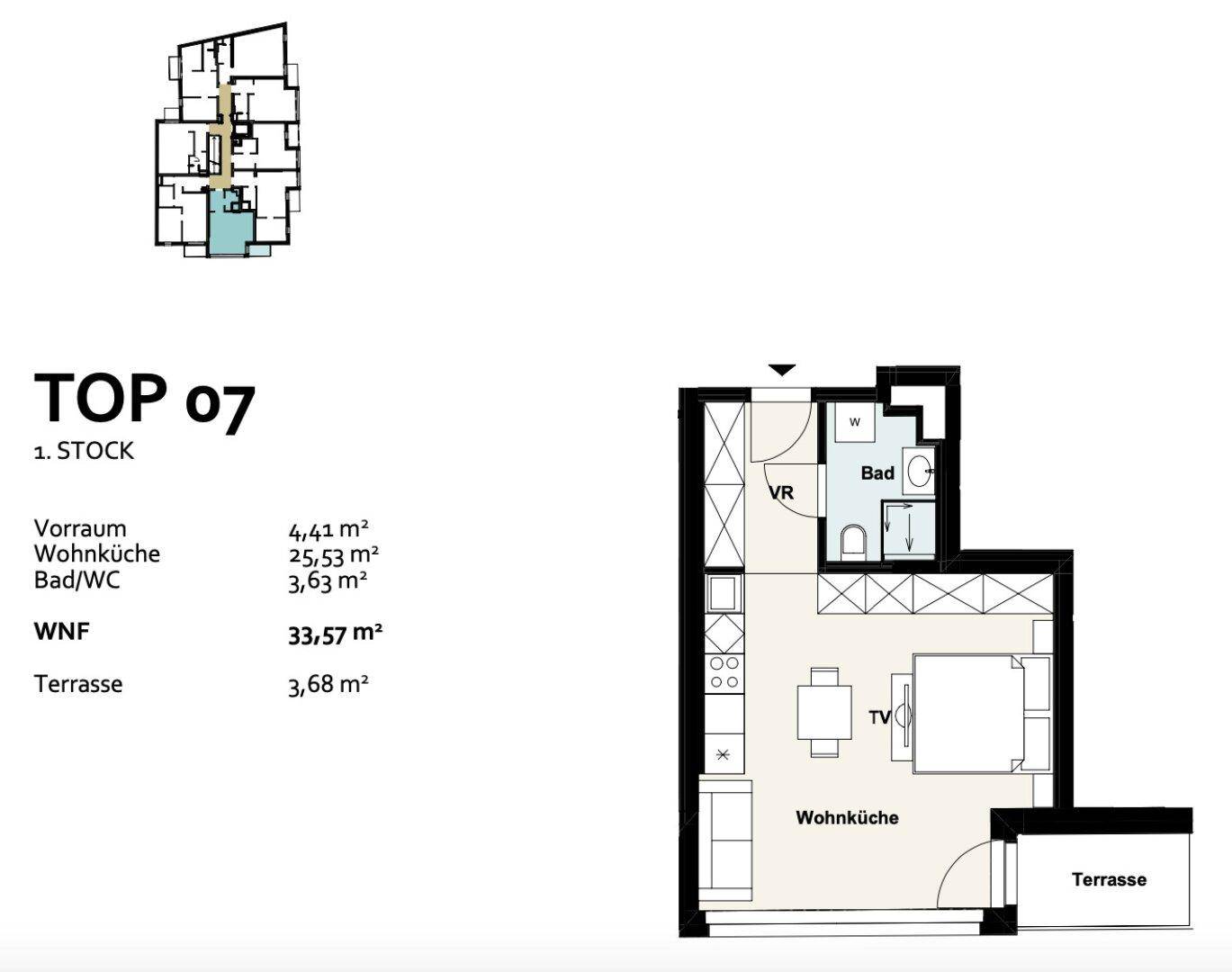 Grundriss der Wohnung TOP 07 im ersten Stock mit Wohnküche und Terrasse.