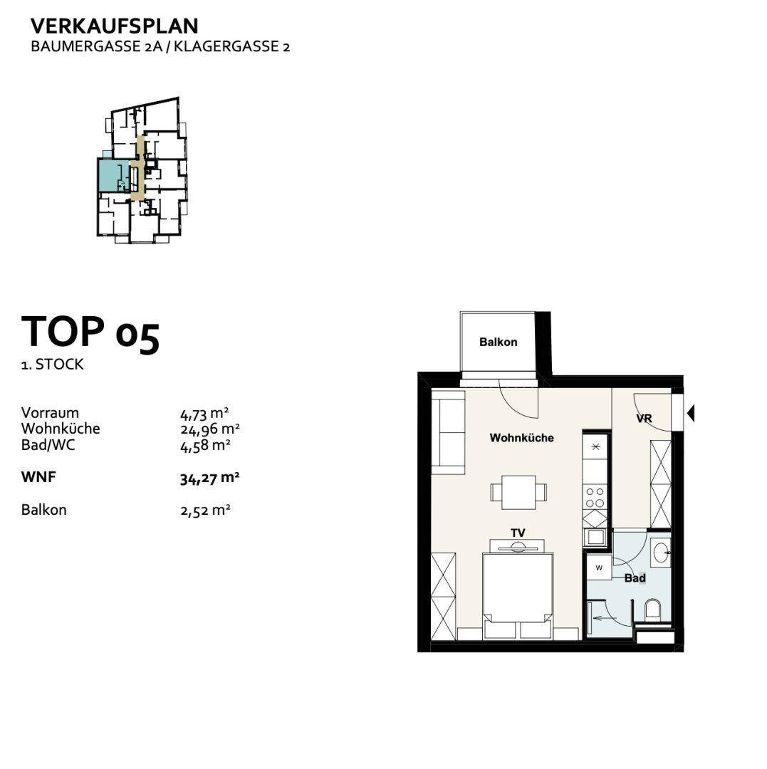 Grundriss des Apartments TOP 05 im ersten Stock mit Wohnküche, Bad und Balkon.