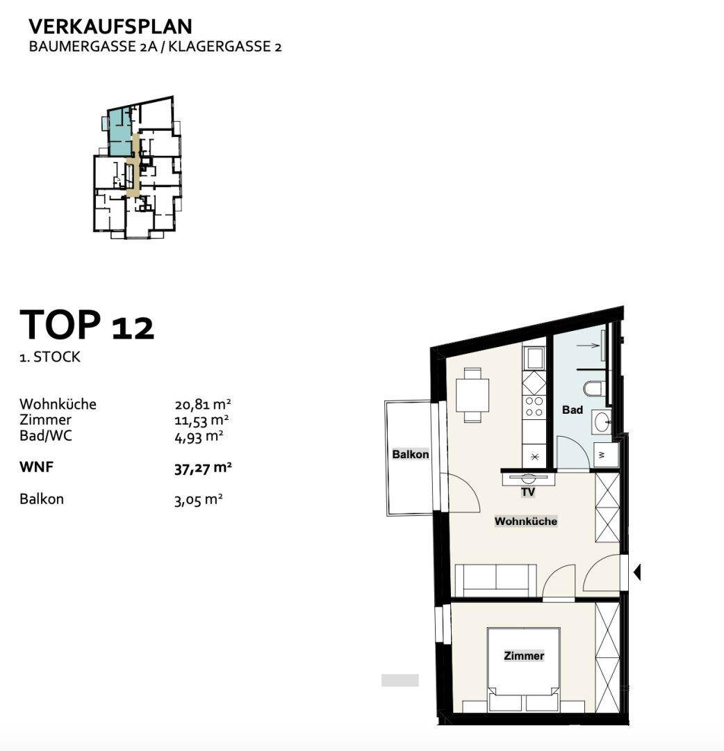 Grundriss für Wohnung TOP 12 mit Wohnküche, Zimmer, Bad und Balkon auf 37,27 m² Wohnfläche.