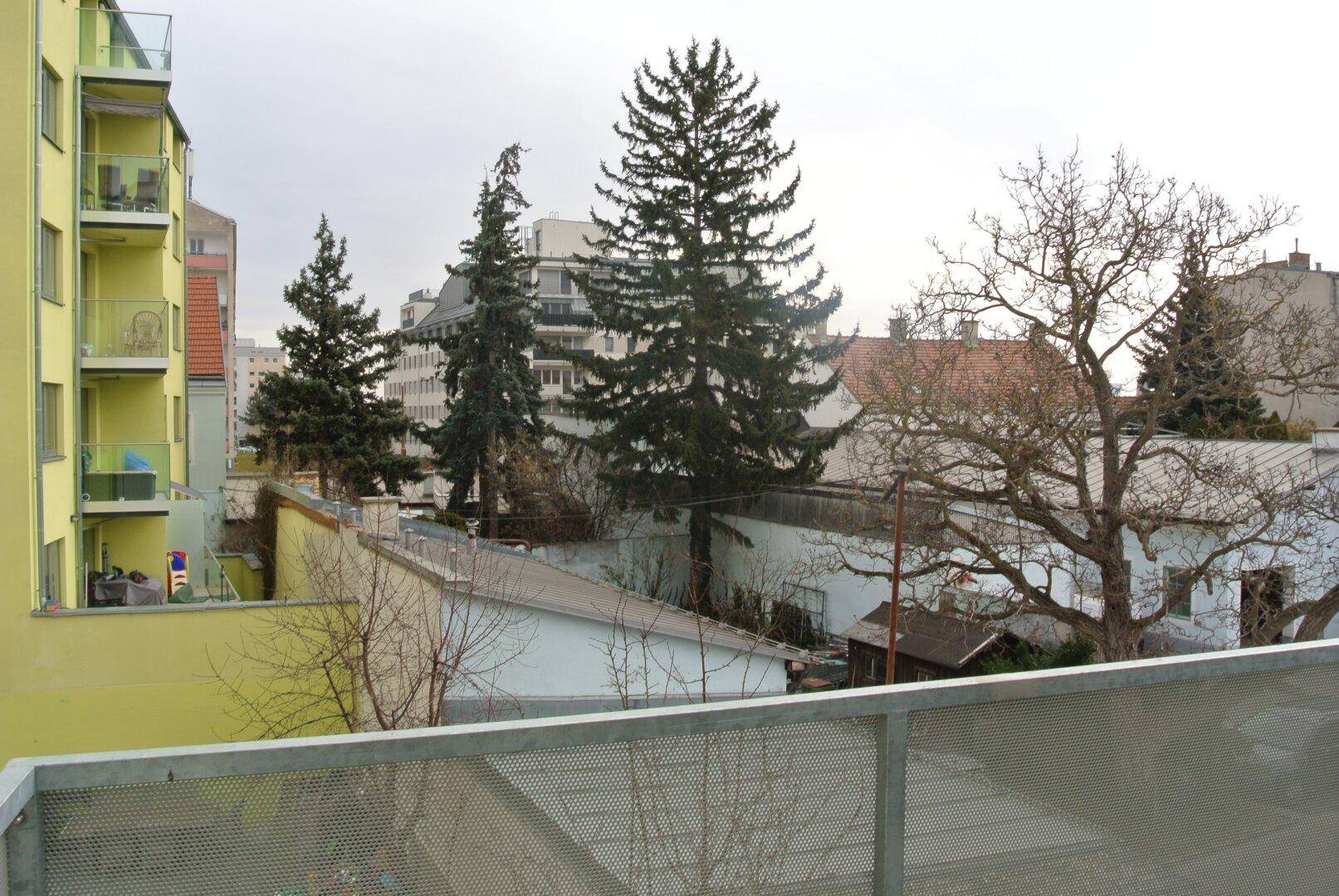 Blick vom Balkon auf umliegende Gebäude, Bäume und eine städtische Umgebung.