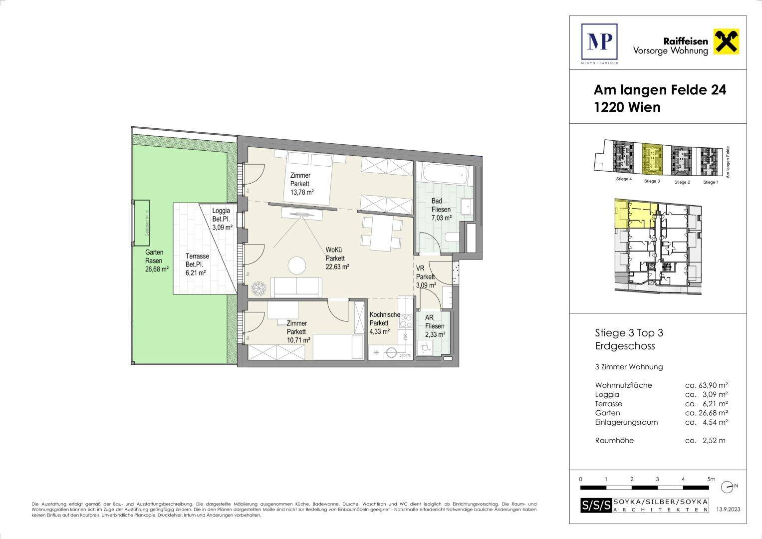 Grundriss einer Erdgeschosswohnung mit Terrasse, Garten und drei Zimmern.