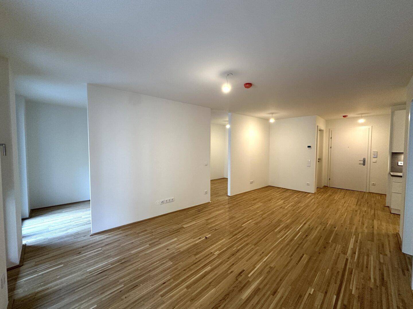 Heller Wohnbereich mit Parkettboden, Blick auf den Eingangsbereich und weitere Zimmer.