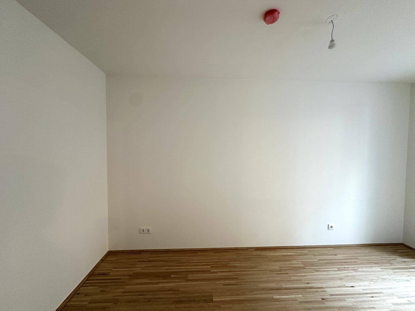 Unmöbliertes Schlafzimmer mit Parkettboden und Steckdosen an der Wand.