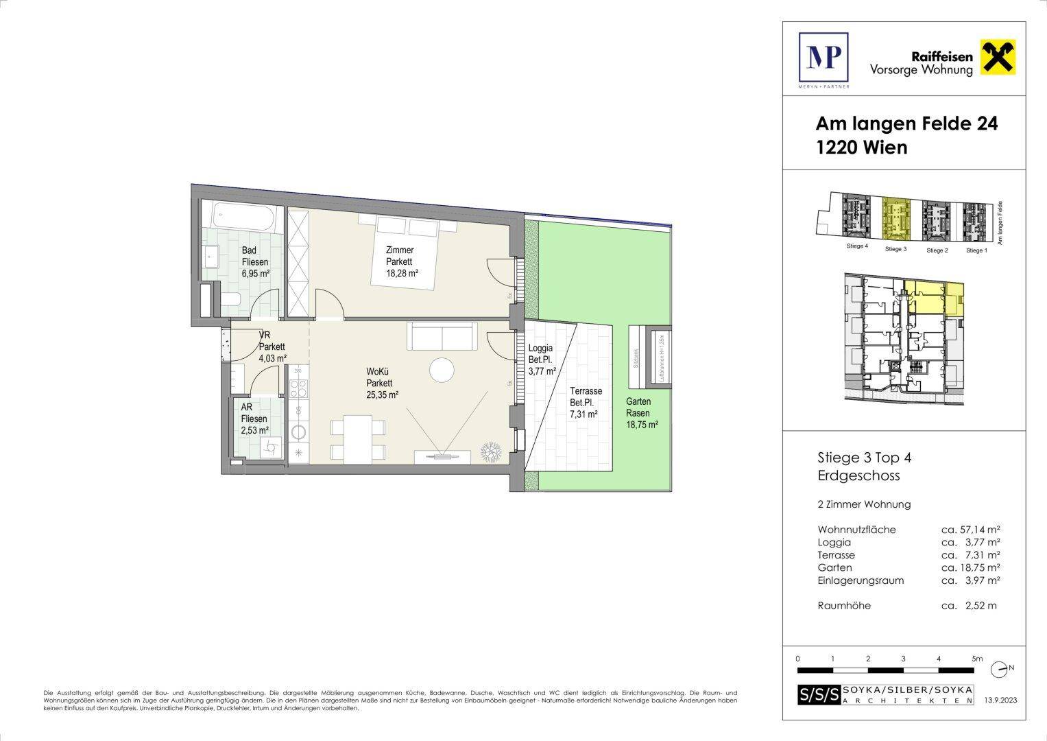 Grundriss einer 2-Zimmer-Wohnung im Erdgeschoss mit Loggia, Terrasse und Garten.