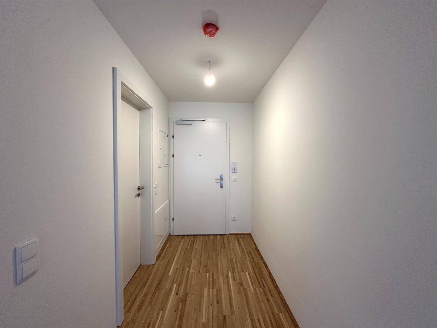 Heller Eingangsbereich mit Holzboden und weiß gestrichenen Wänden.