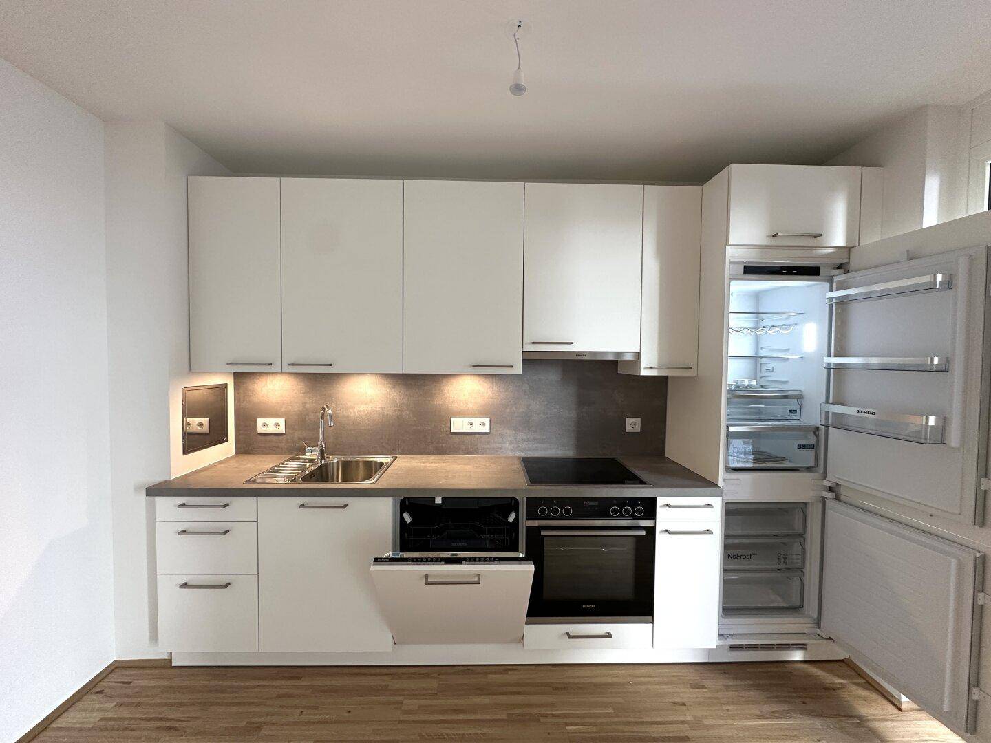 Voll ausgestattete, moderne Küche mit Kühlschrank, Backofen und integriertem Geschirrspüler.