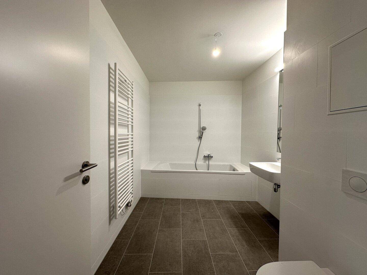 Modernes Badezimmer mit Badewanne, Duscharmatur und beheiztem Handtuchhalter.