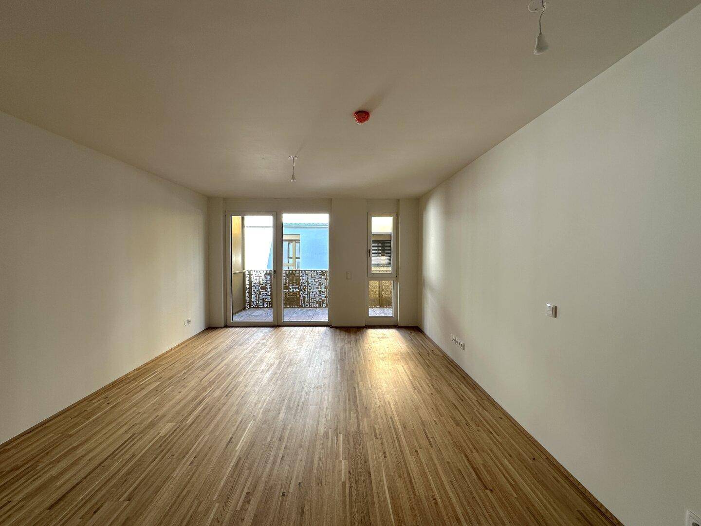 Geräumiges, leeres Wohnzimmer mit Holzboden und viel Tageslicht durch die Balkontür.