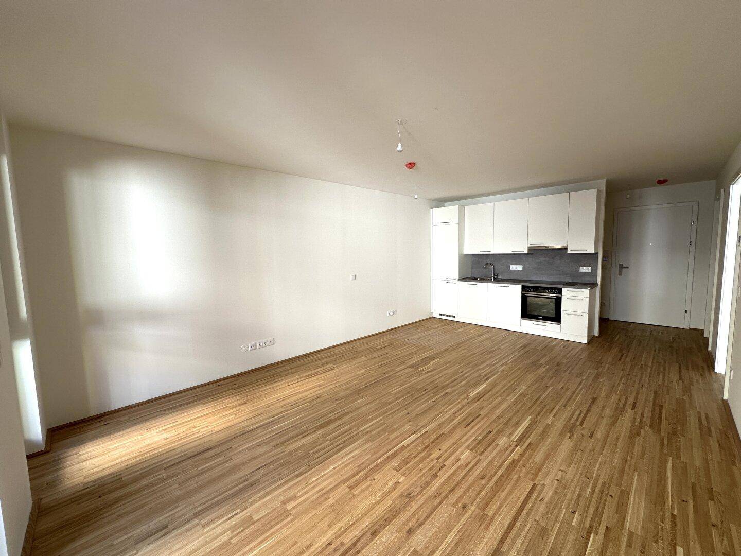 Moderner Wohnbereich mit Holzboden und einer neuen, weißen Einbauküche.
