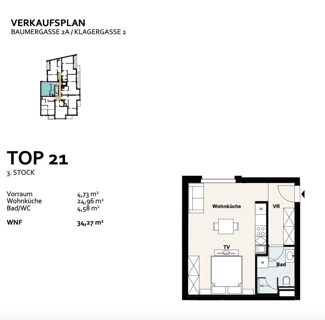 Grundriss für Top 21 mit Wohnküche, Bad/WC und Vorraum auf 34,27 m² Wohnfläche.