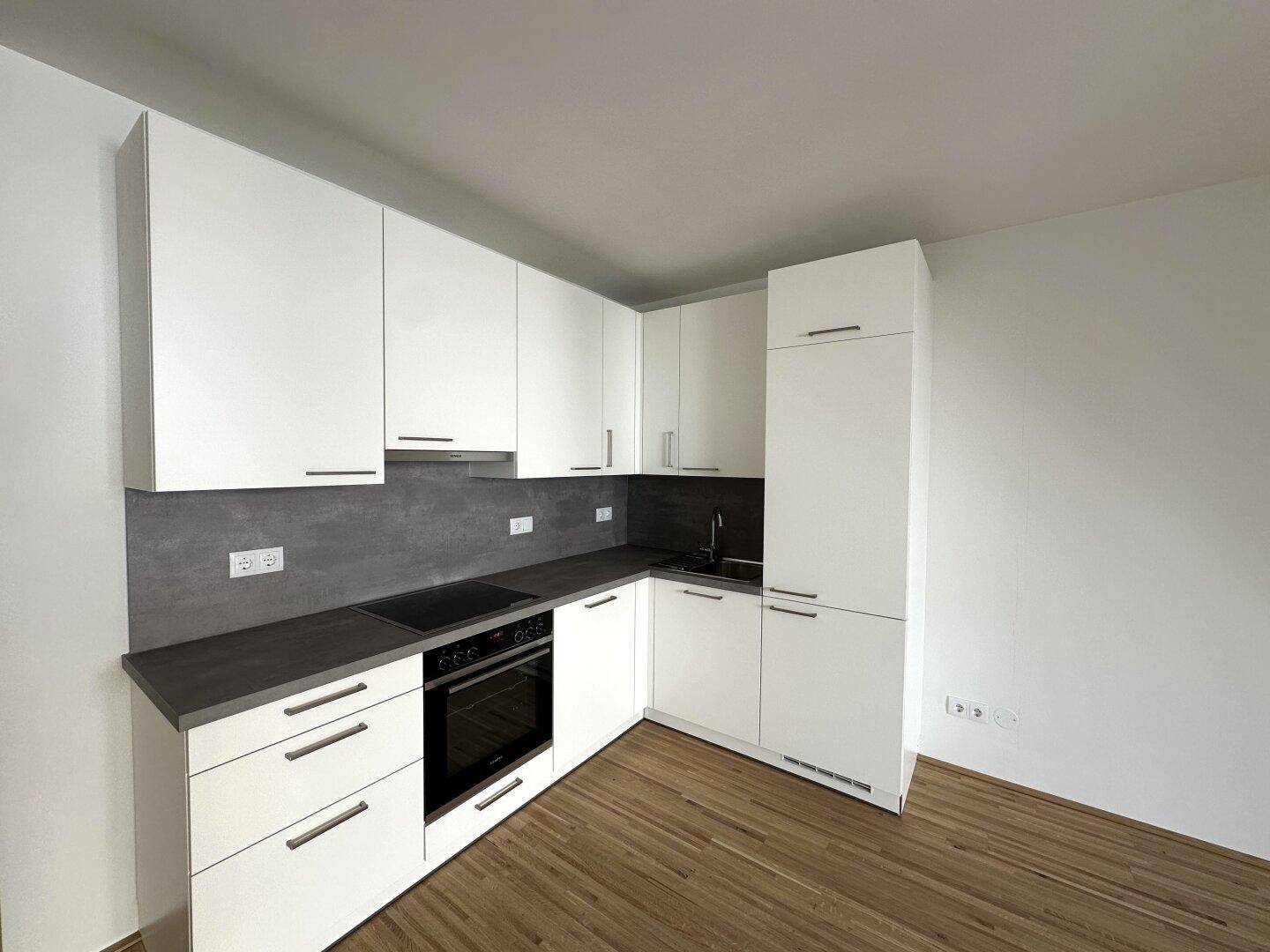 Moderne Einbauküche in Weiß mit dunkler Arbeitsplatte, integriertem Backofen und Induktionskochfeld.