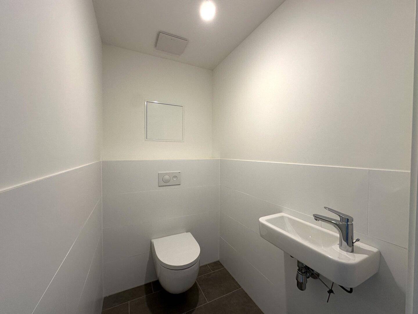 Kleines Gäste-WC mit wandhängendem WC und Handwaschbecken, modern gefliest.