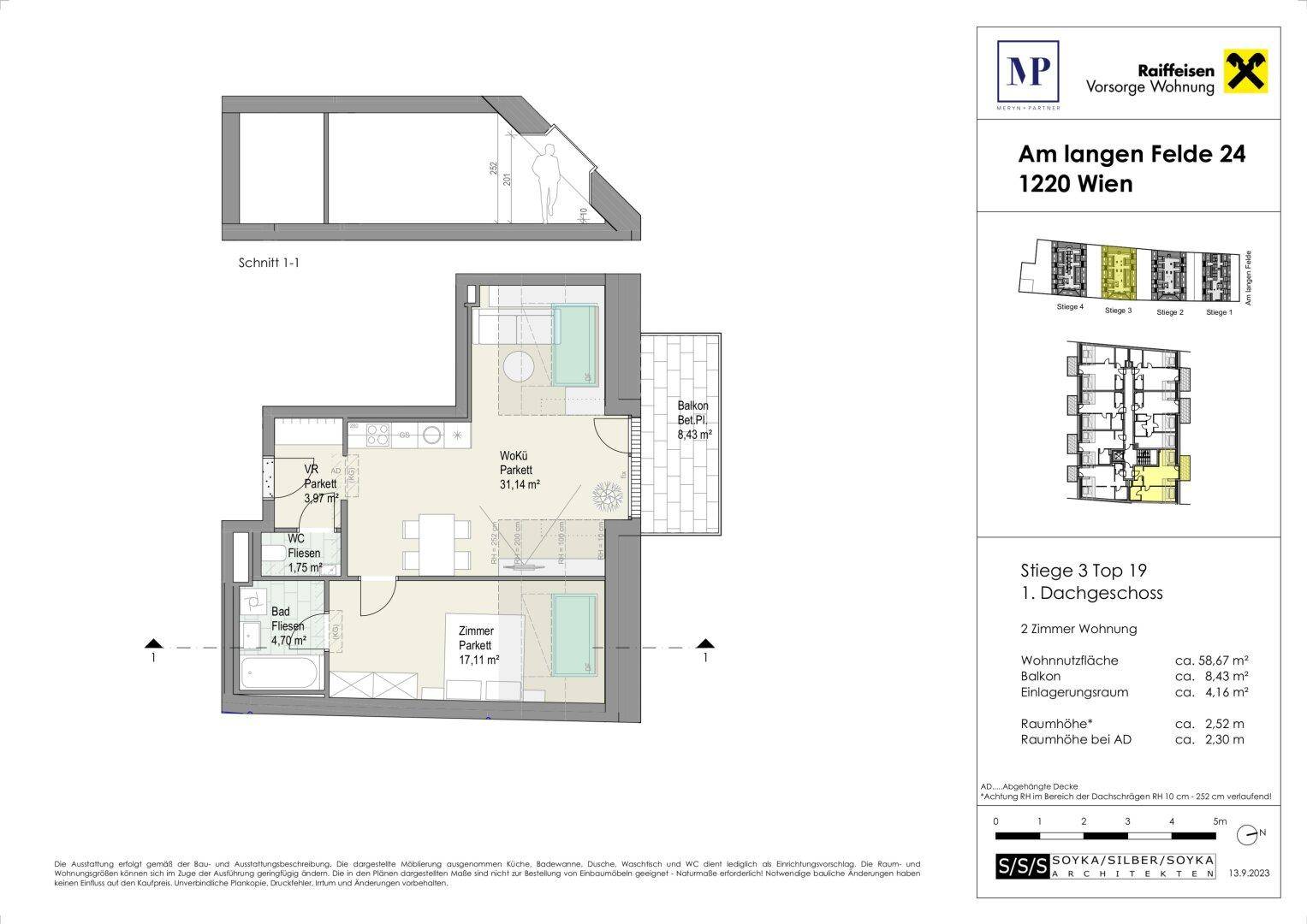 Grundriss einer Dachgeschosswohnung mit Balkon, zwei Zimmern und offenem Wohnbereich.
