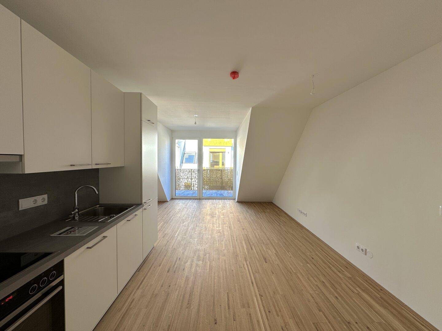 Heller offener Wohnbereich mit integrierter Küche, Parkettboden und Zugang zum Balkon.