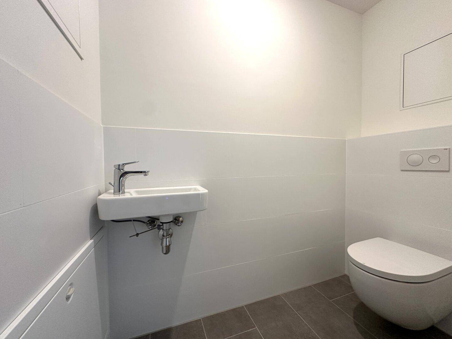 Modernes Gäste-WC mit wandhängender Toilette und kleinem Waschbecken.