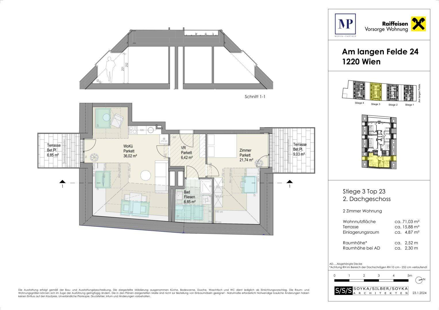 Grundriss der Dachgeschosswohnung mit Terrasse, offenem Wohnbereich und drei Zimmern.
