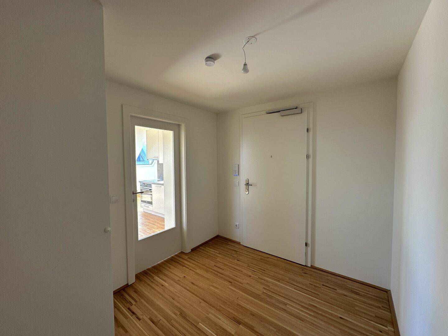 Eingangsbereich mit Parkettboden und Zugang zu weiteren Räumen, modern und gepflegt.