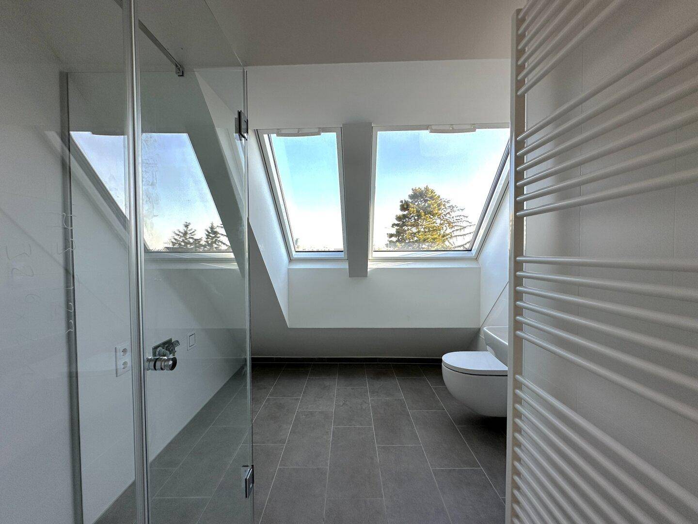 Modernes Badezimmer mit Dusche, WC und Dachfenstern, die für viel natürliches Licht sorgen.