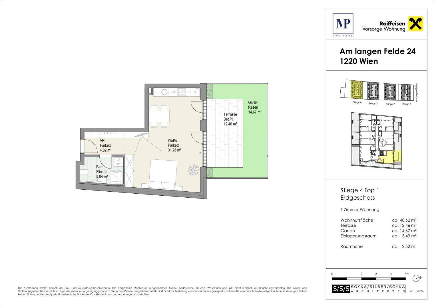 Grundriss der Erdgeschosswohnung mit Terrasse, Garten und offenem Wohn-Essbereich.