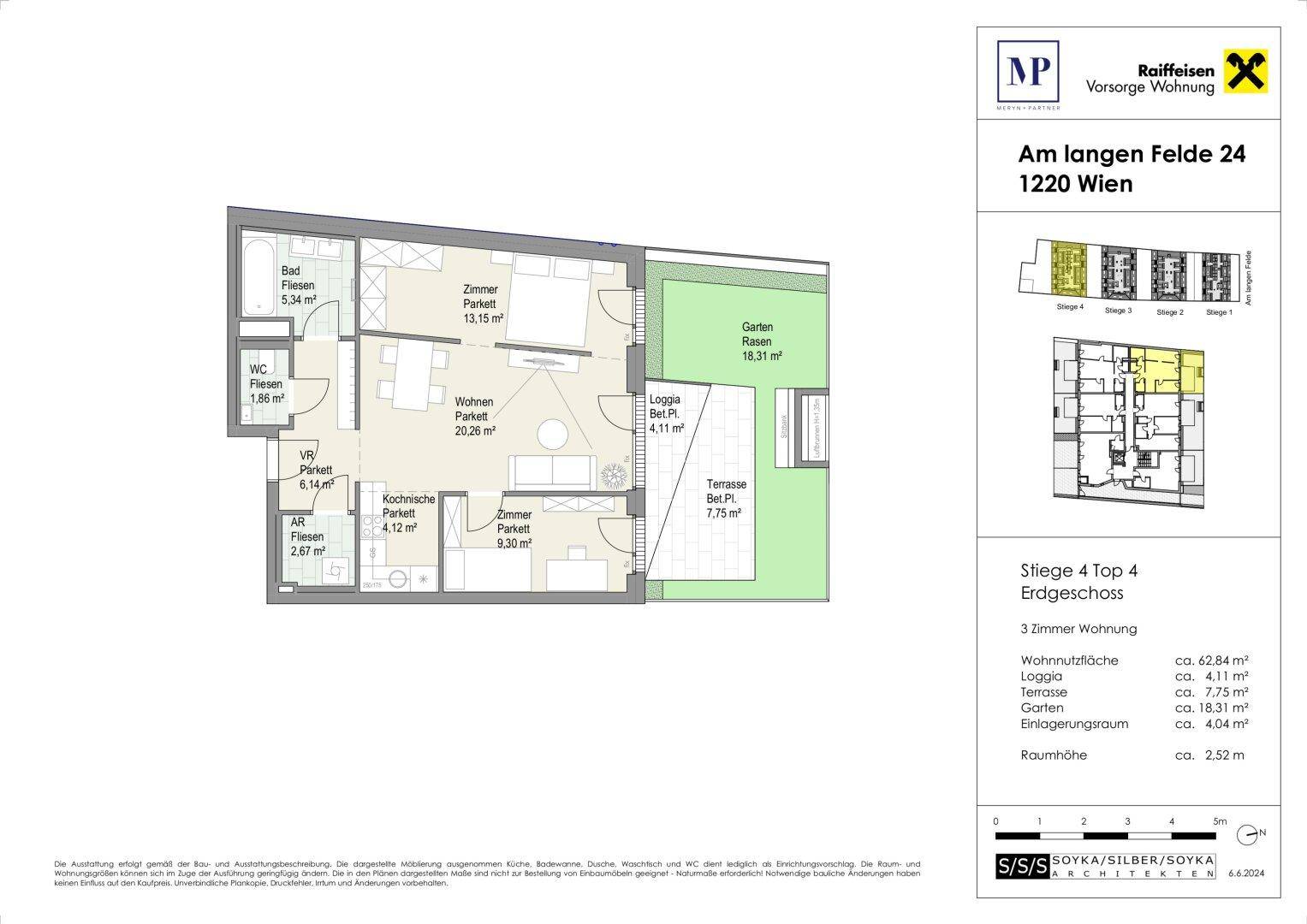 Detaillierter Grundriss einer Erdgeschosswohnung mit Garten, Loggia und drei Zimmern.