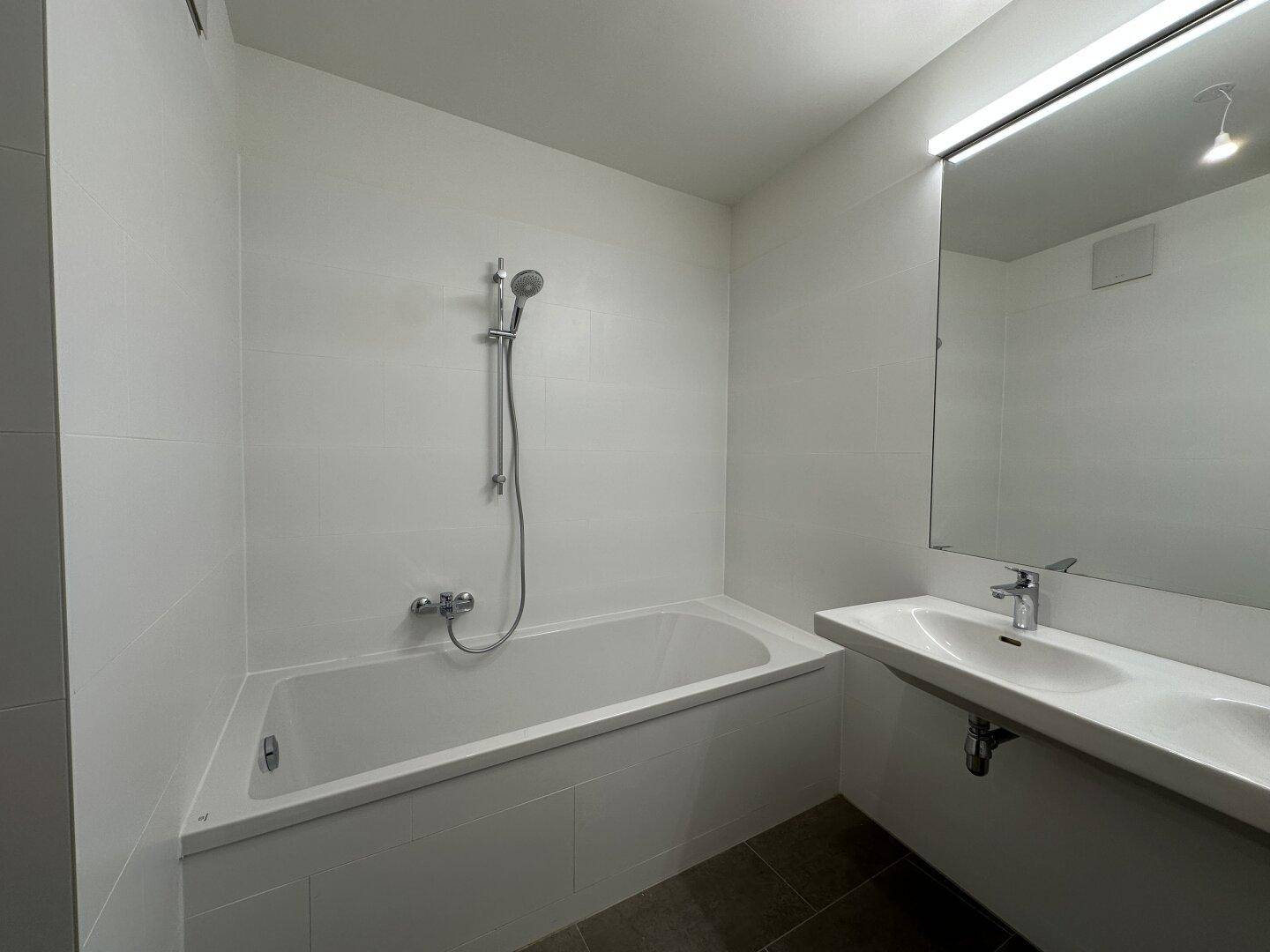Modernes Badezimmer mit Badewanne inklusive Duschfunktion und Einzelwaschbecken.