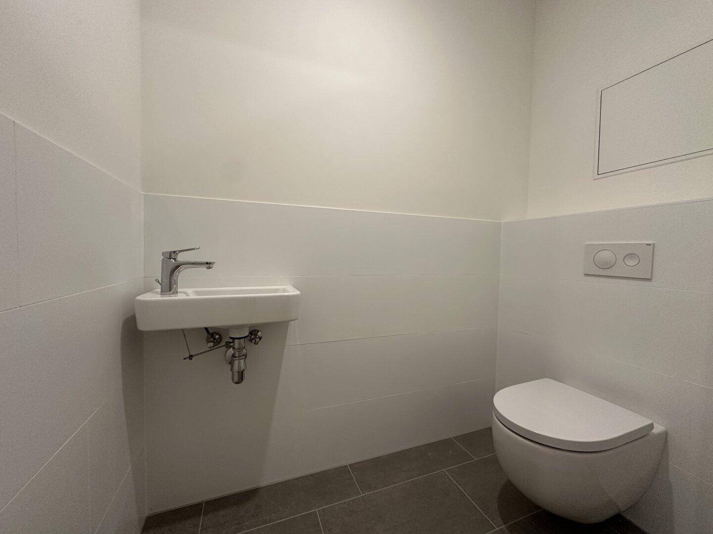 Modernes Gäste-WC mit wandhängender Toilette und kleinem Handwaschbecken.