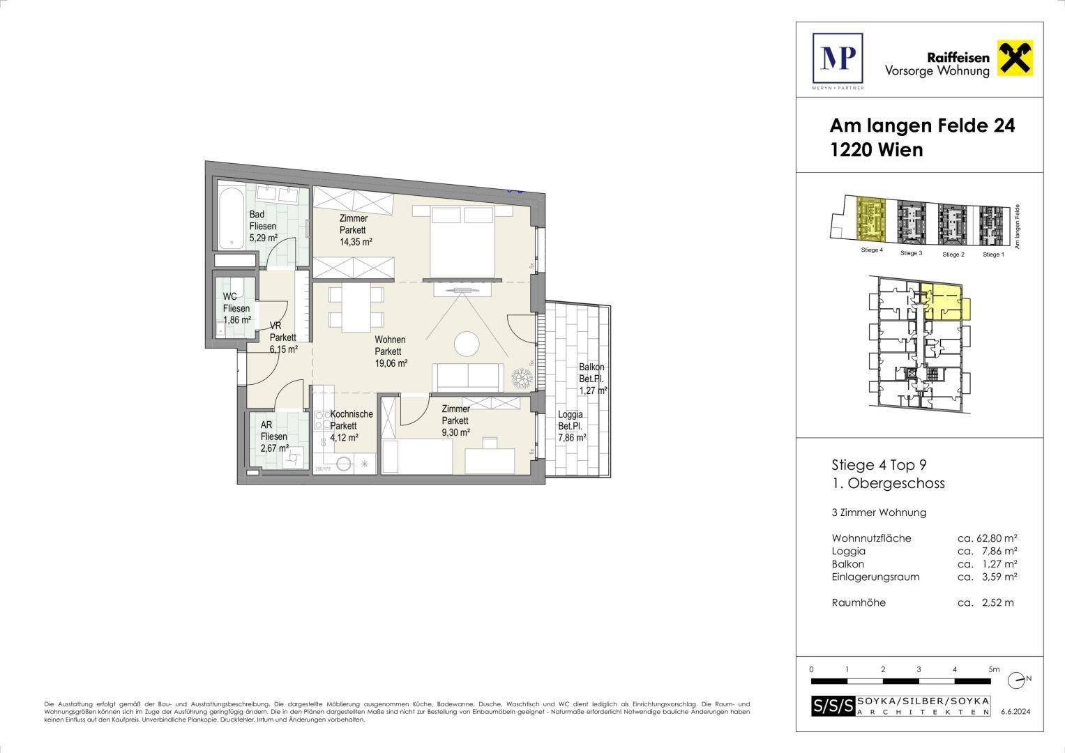 Grundriss einer 3-Zimmer-Wohnung im Obergeschoss mit Balkon und Loggia.