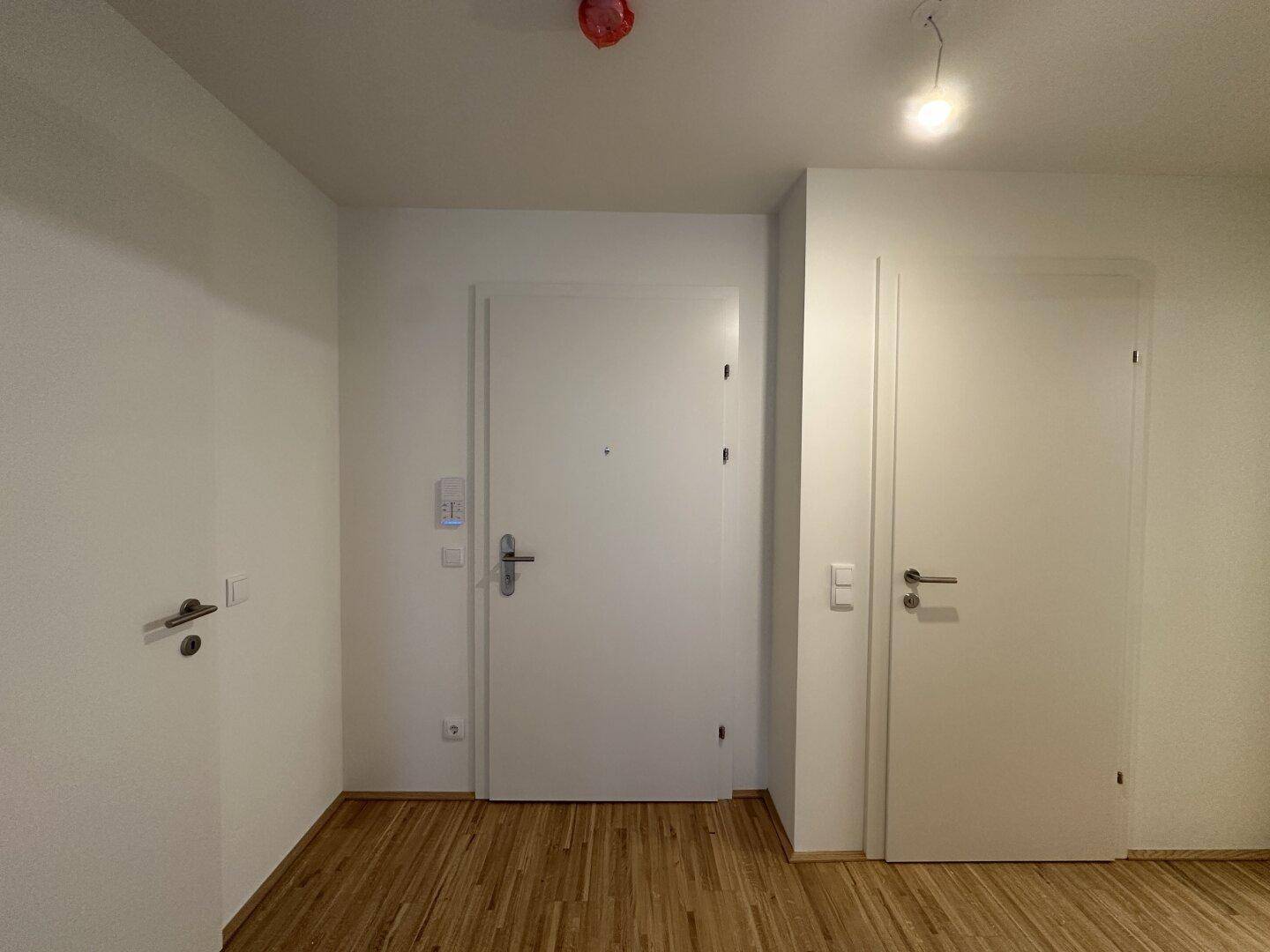 Eingangsbereich mit heller Holztür und Parkettboden, empfängt Bewohner und Gäste.