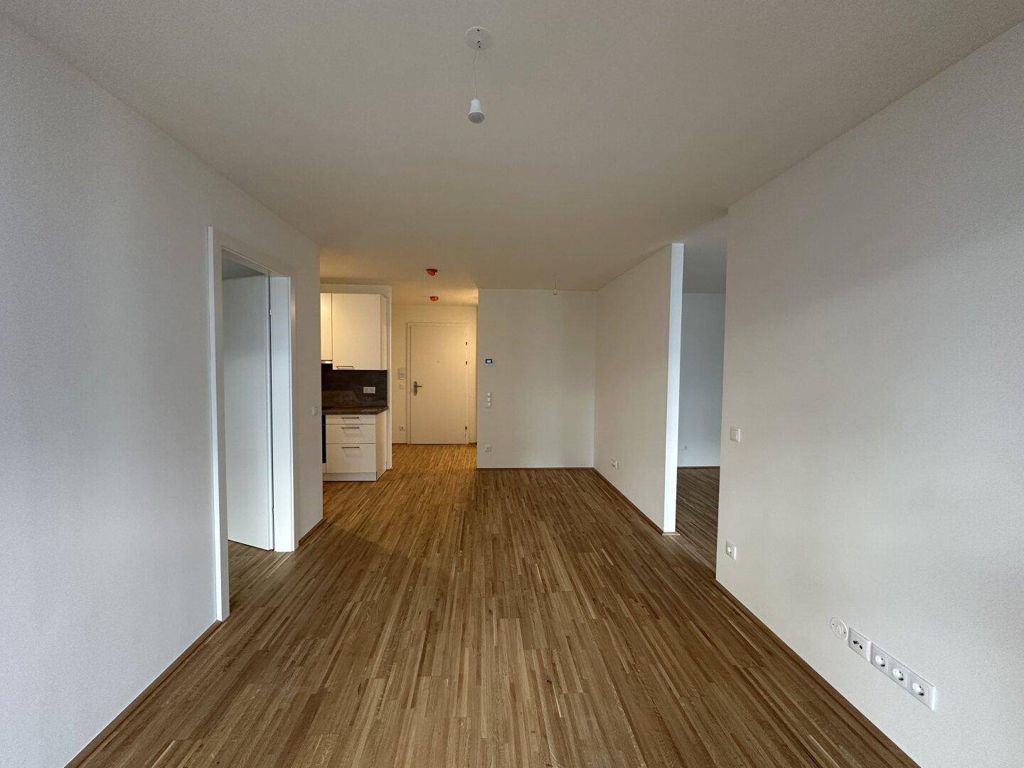 Leerer Wohnraum mit Parkettboden und weiß gestrichenen Wänden, Blick zum Eingangsbereich.