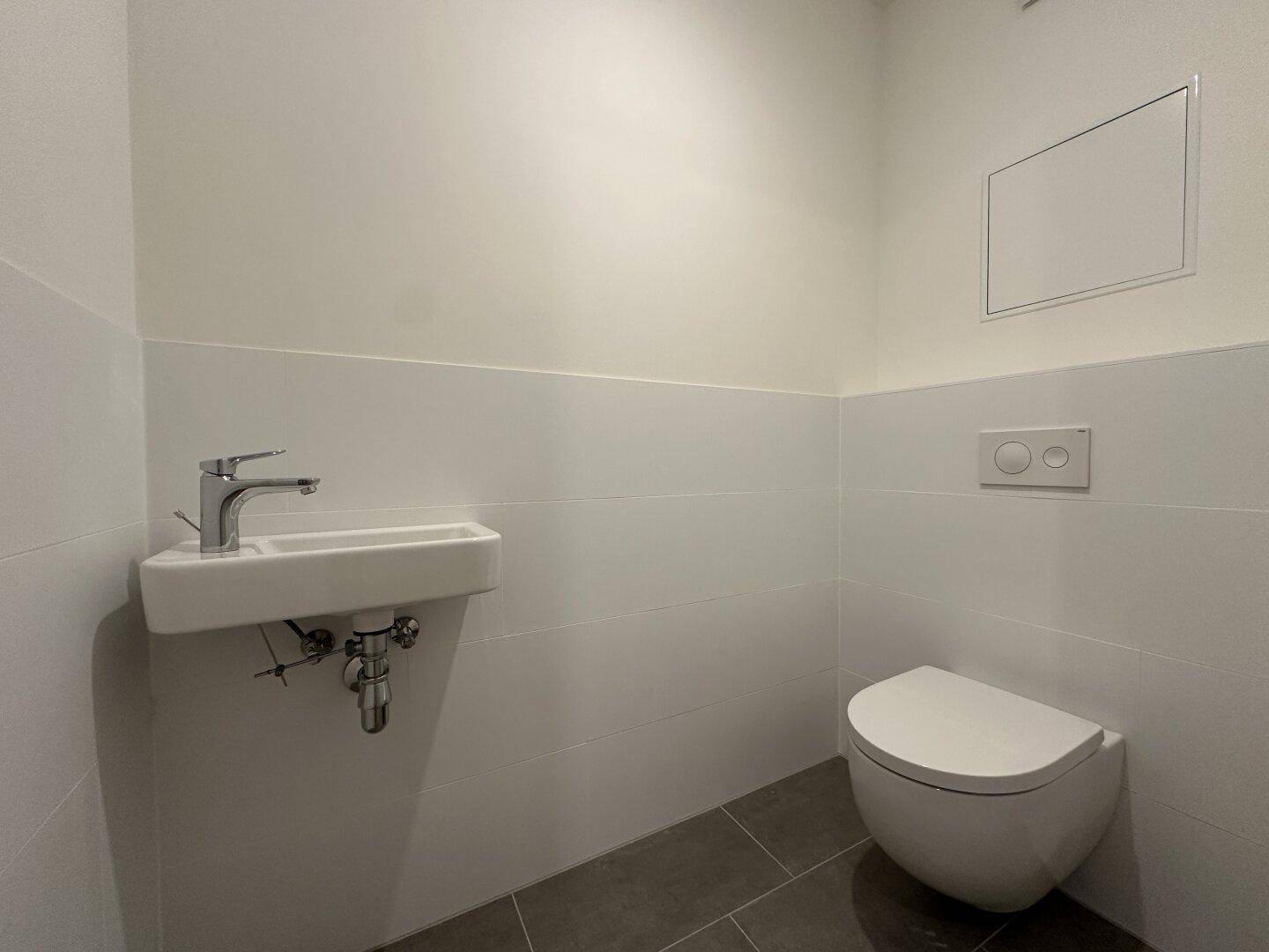 Separates Gäste-WC mit wandhängender Toilette und kleinem Waschbecken, modern gefliest.