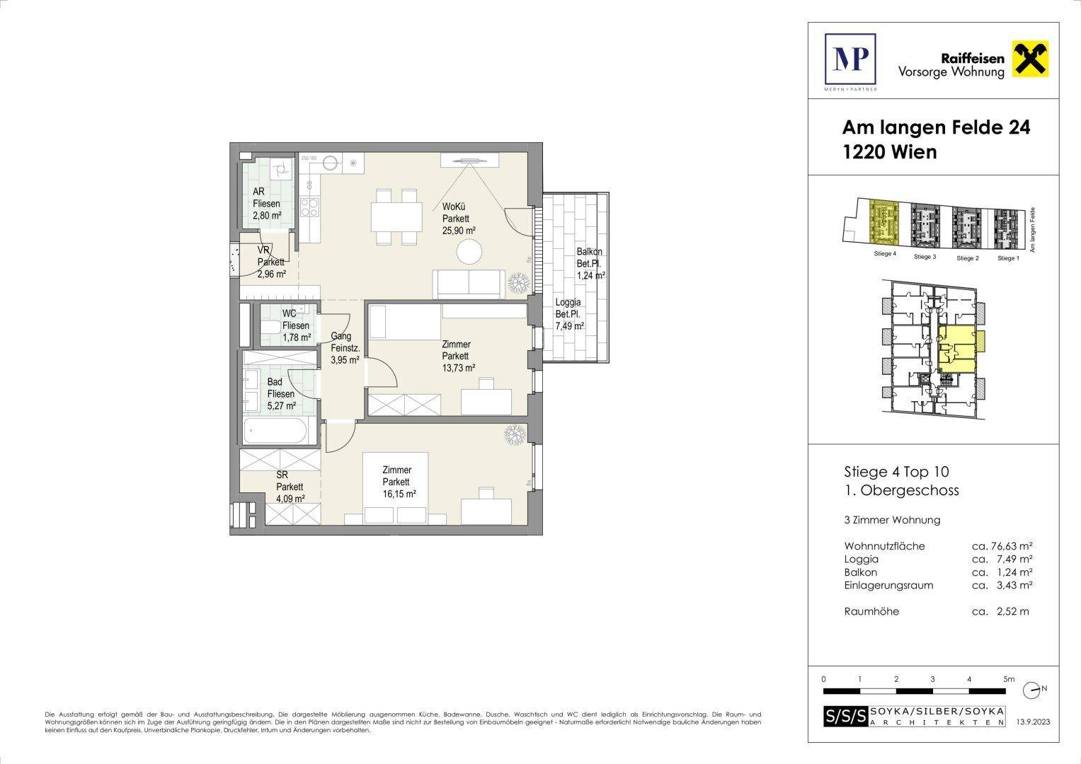 Grundriss einer 3-Zimmer-Wohnung im Obergeschoss mit Loggia und Balkon.