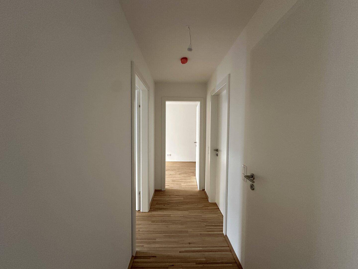 Heller Flur mit Parkettboden und mehreren Türen, die zu den Zimmern führen.