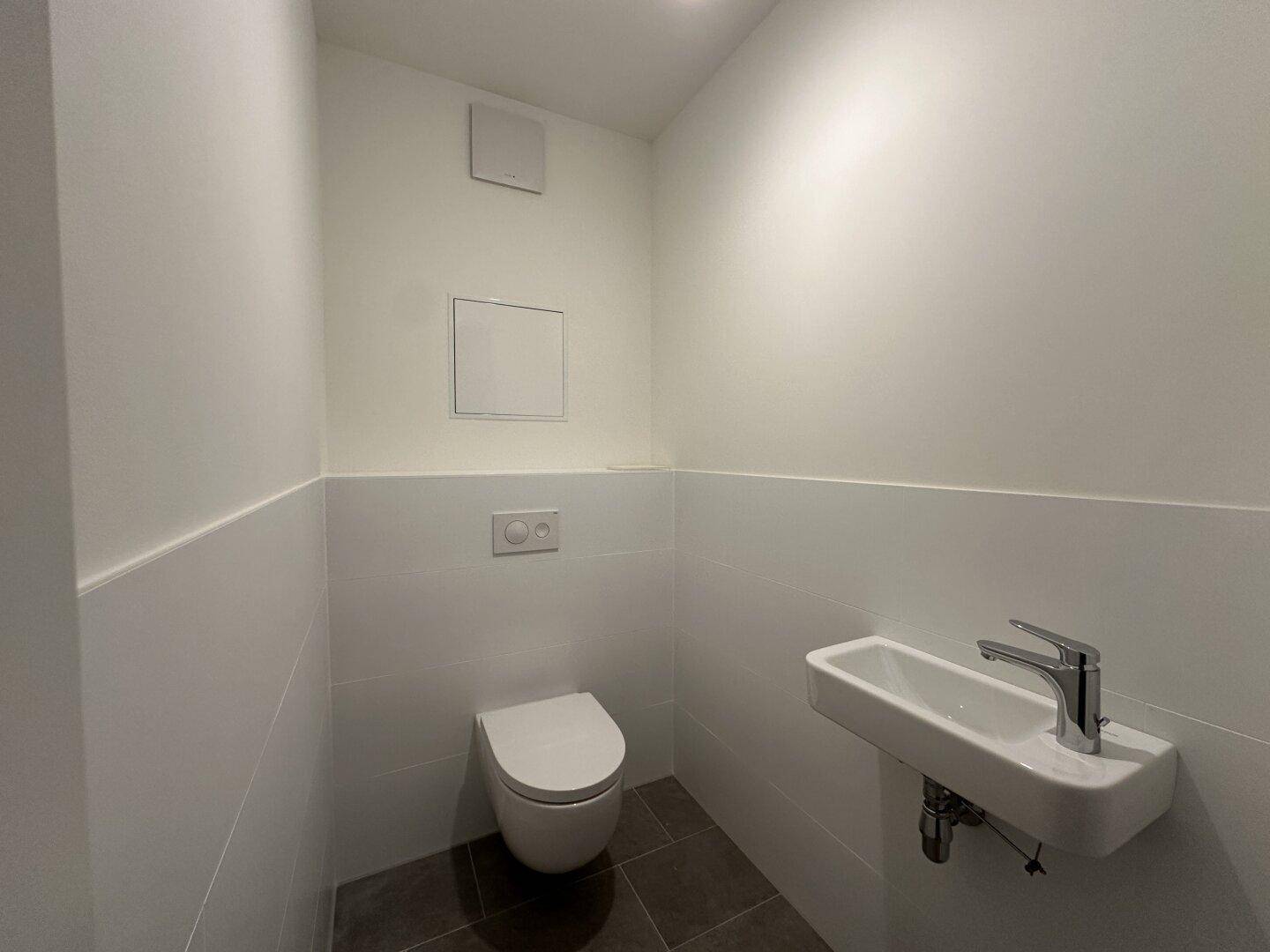 Separates WC mit wandhängender Toilette, kleinem Waschbecken und Fliesenboden.