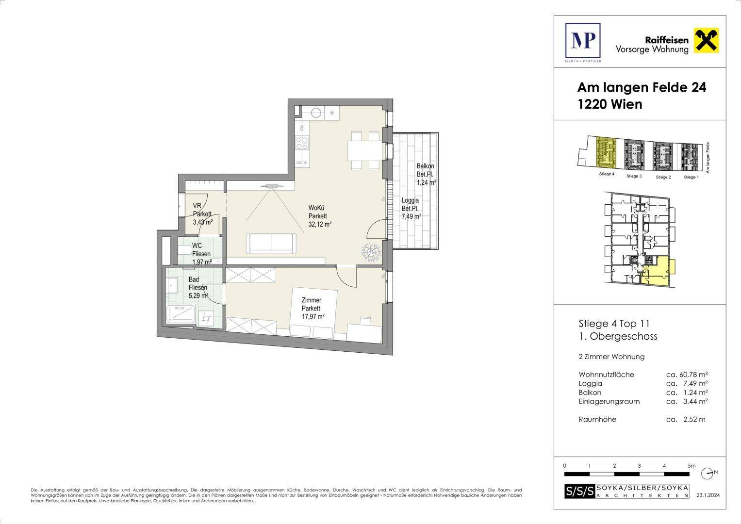 Grundriss der Wohnung im ersten Obergeschoss mit Loggia und offenem Wohnbereich.