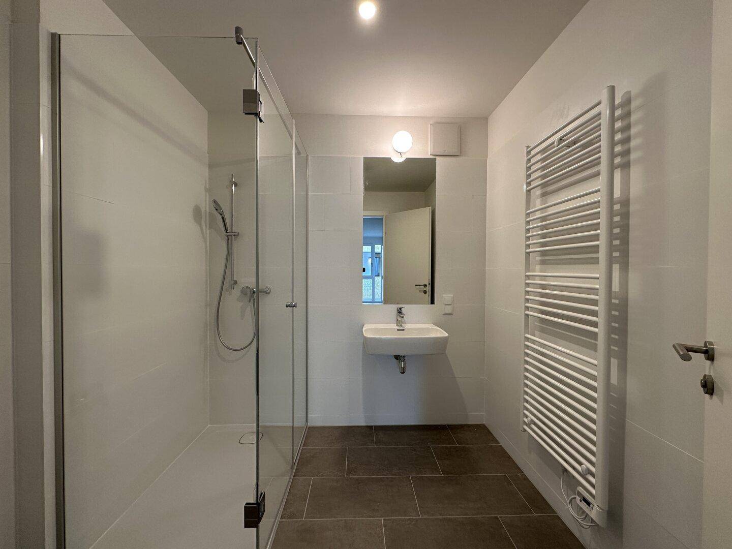 Modernes Badezimmer mit ebenerdiger Dusche, Waschbecken und beheiztem Handtuchhalter.