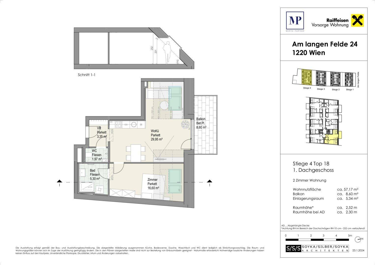 Grundriss einer 2-Zimmer-Dachgeschosswohnung mit Balkon, offenem Wohnbereich und separatem Abstellraum.