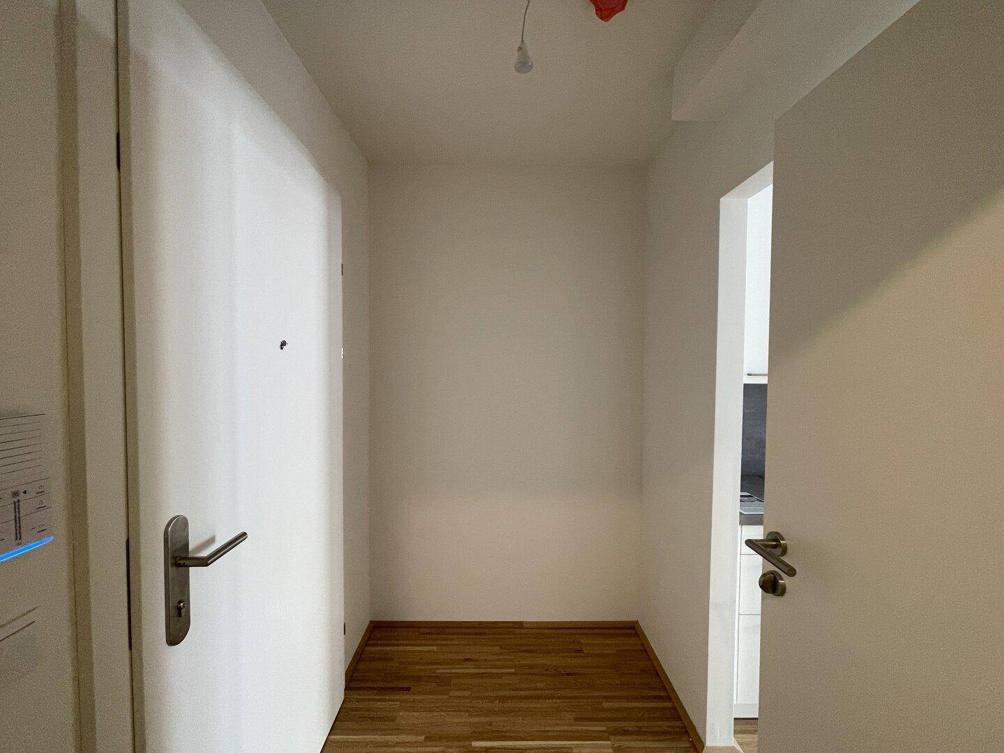 Heller Eingangsbereich mit Holzboden und weißen Wänden, bietet einen freundlichen Empfang in der Wohnung.